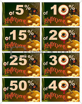 Set 5 to 50 percent discount Halloween. Sales pumpkin lantern, cobweb, old house and eye on dark background
