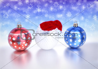 christmas balls and golf ball with santa red hat on bokeh background. 3D illustration