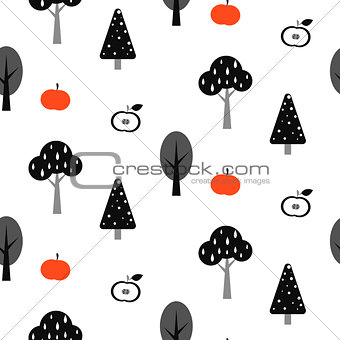 Black tree forest seamless pattern with apples.