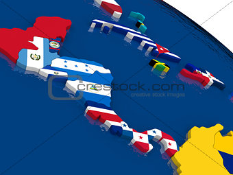 Central America on 3D map with flags