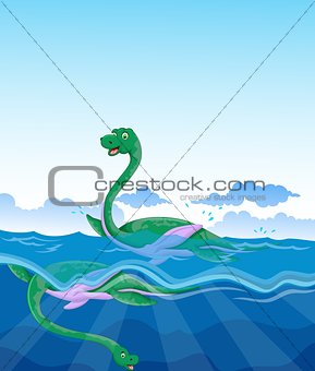 Two funny dinosaurs cartoon swimming in the sea