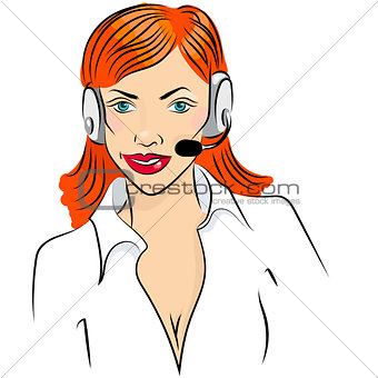 Vector illustration of smiling cute woman working as telephone operator