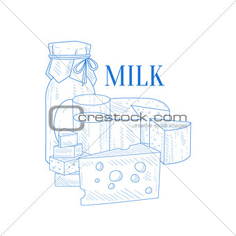 Milk And Cheese Hand Drawn Realistic Sketch