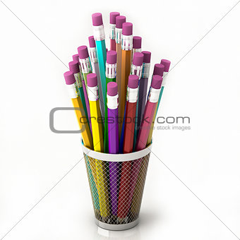 colored pencils in basket isolated on white background