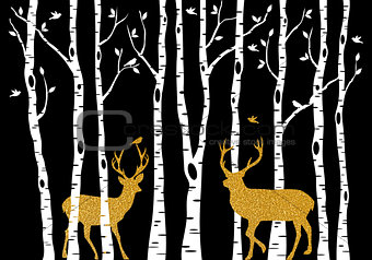 Birch trees with gold Christmas deer, vector