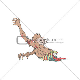 Half Bod Creepy Zombie Dragging Intestines Outlined Drawing