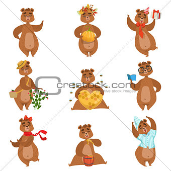 Brown Bear Different Activities Set Of Girly Character Stickers