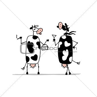 Funny cows on the party, sketch for your design