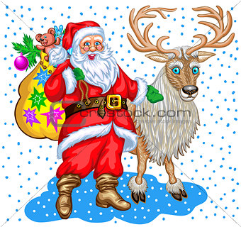 Santa Claus with bag of gifts and reindeer