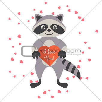 Cartoon raccoon holding valentine heart card.