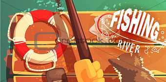 Fishing On The River With Cat View From Above Illustration