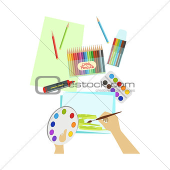 Child Painting Landscape Illustration With Only Hands Visible From Above