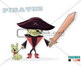Pirate with a dog, on white background. Children illustration cartoon.