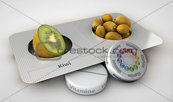Close up of kiwi and pills isolated - vitamin concept