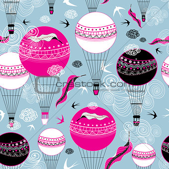 Graphic design of balloons and swallows
