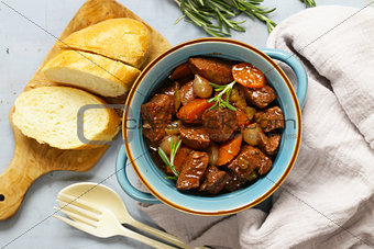Traditional  beef goulash - Boeuf bourguigno. Comfort food. Stew meat with vegetables