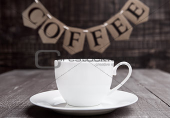 Coffee cup espresso  hot white on wooden board 