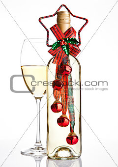 Bottle of white wine with christmas decoration 