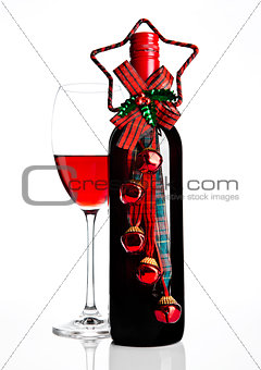 Bottle and glass of red wine christmas decoration