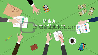 m and a merger  acquisition concept illustration team work together on the same table with view from top