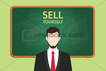 sell yourself illustration with businessman standing  chalkboard and text behind vector graphic