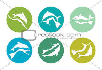Collection of silhouette freediver and dolphin. Freediving icons
