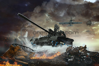 The flying combat vehicle on a mission. 3d illustration of a military