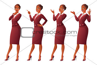African business woman in different poses. Vector set.