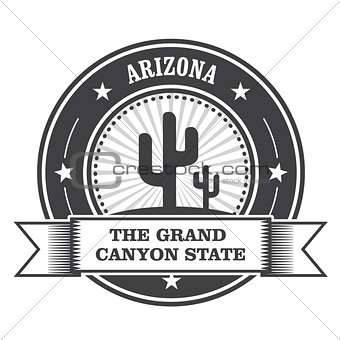 Arizona state round stamp with cactus and ribbon