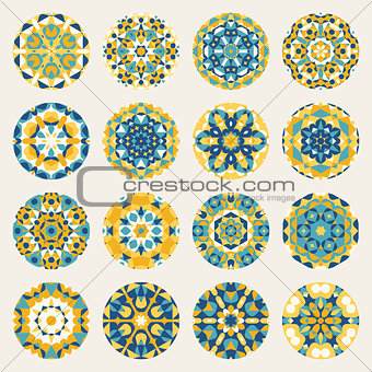 Set of Sixteen Round Blue Yellow Mandala kaleidoscope Geometric Ornaments Circles