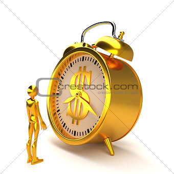 Golden alarm clock and figure. 3D rendering.