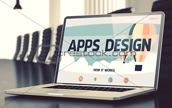 Apps Design on Laptop in Conference Room. 3D.