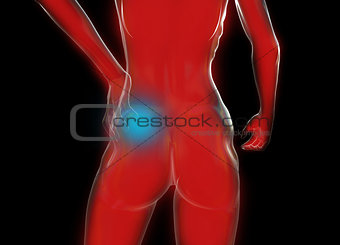 Female woman torso made of glass or bubble, pain in the back isolated on black background. 3d rendered medical illustration
