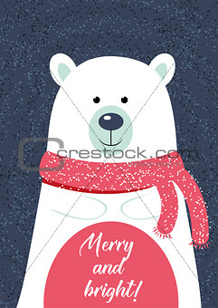 Christmas card template. illustration with polar bear. New Year collection. Greeting seasonal for scrapbooking and invitations.