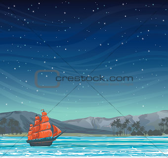 Old sailboat and island at night sky.