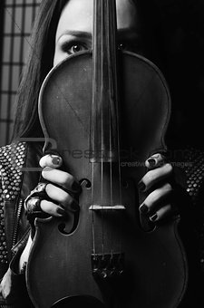 girl violin black background, playing