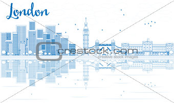 Outline London skyline with blue skyscrapers and reflections. 