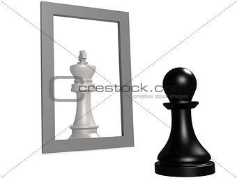 Pawn looking in the mirror seeing queen