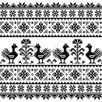 Ukrainian or Belarusian, Slavic folk art knitted black embroidery pattern with birds