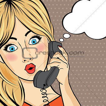 Surprised pop art  woman chating on retro phone . Comic woman wi