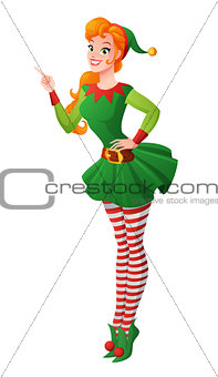Pinup vector girl in Christmas elf costume finger pointing up.