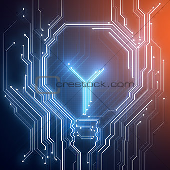 Background conceptual image of digital chip lightbulb on blue 