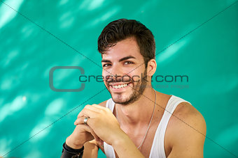 Portrait Happy Young Latino Man With Beard Smiling