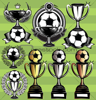 set of vector monochrome league icons with soccer ball, ribbon and cups