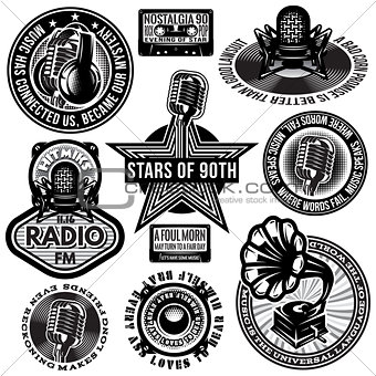 set of retro badges templates gramofon, microphones, speaker, headphones, audiocassette
