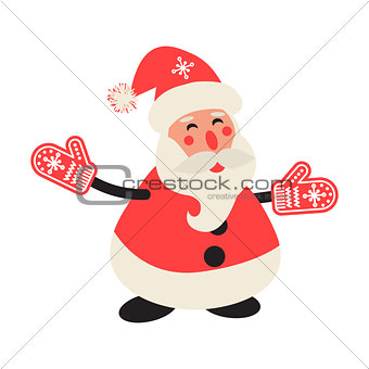 Cartoon happy Santa Claus in red mittens.