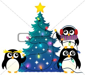 Penguins around Christmas tree theme 1
