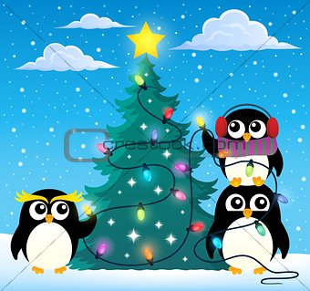 Penguins around Christmas tree theme 2
