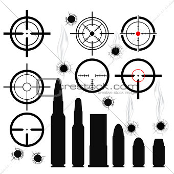 Crosshairs (gun sights), bullet cartridges and bullet holes