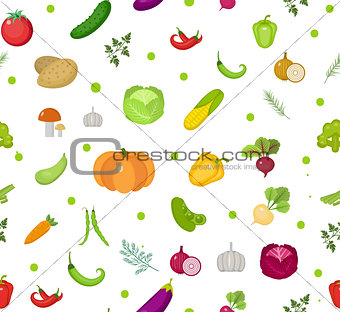 Vegetables seamless pattern. Salad endless background. Healthy lifestyle, vegan, vegetarian diet, raw food. Vector illustration.